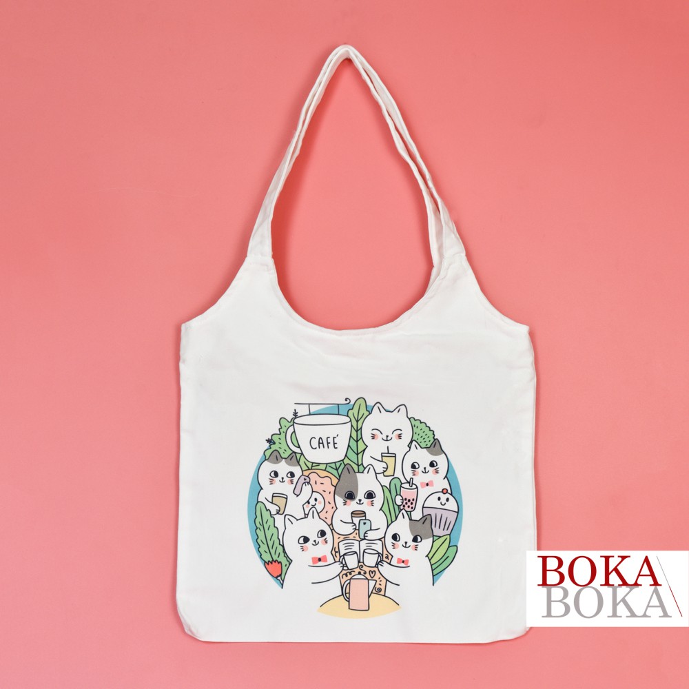 Túi Tote Vải Canvas Quai Tròn In Hình Những Người Bạn Mèo Cat Friends Có Khóa