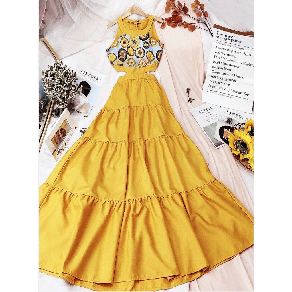 (Sẵn) Váy maxi cổ yếm hở lưng tiểu thư, Đầm maxi dáng dài hoa mặt trời đi biển, chụp hình cưới SAVVY Dress KSVD02000 | BigBuy360 - bigbuy360.vn