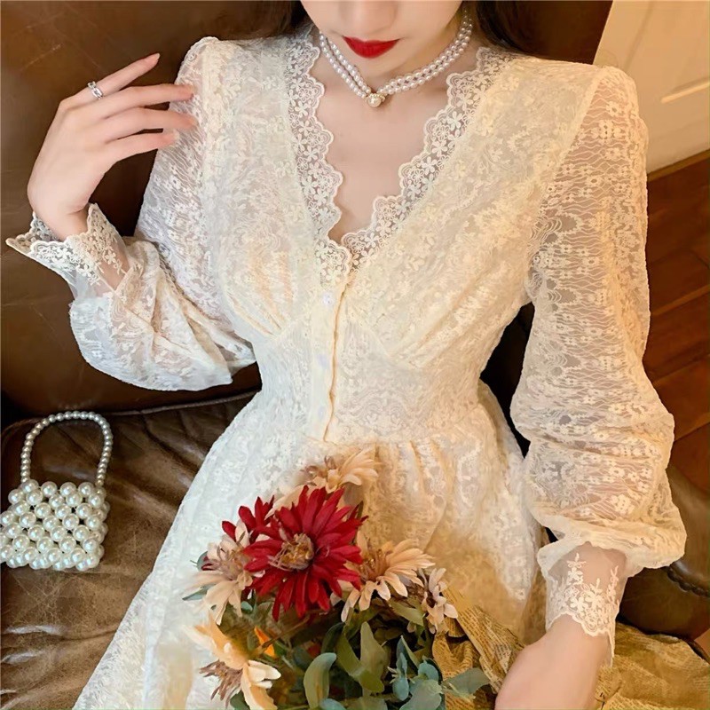 oorder🎀Đầm ulzzang công chúa ren xoè 2 lớp cổ V cao cấp dáng dài|váy ren thiết kế tiểu thư sang chảnh