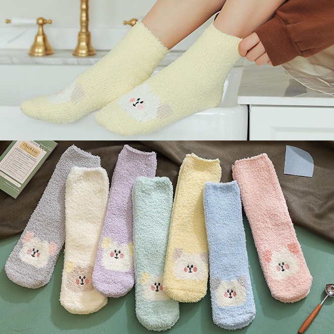 Tlb14 Tất Len Bông Cổ Cao Tất Lông Cừu Trơn Hình Gấu Tông Màu Pastel Nhã Nhắn Chất Siêu Dày Giữ Ấm