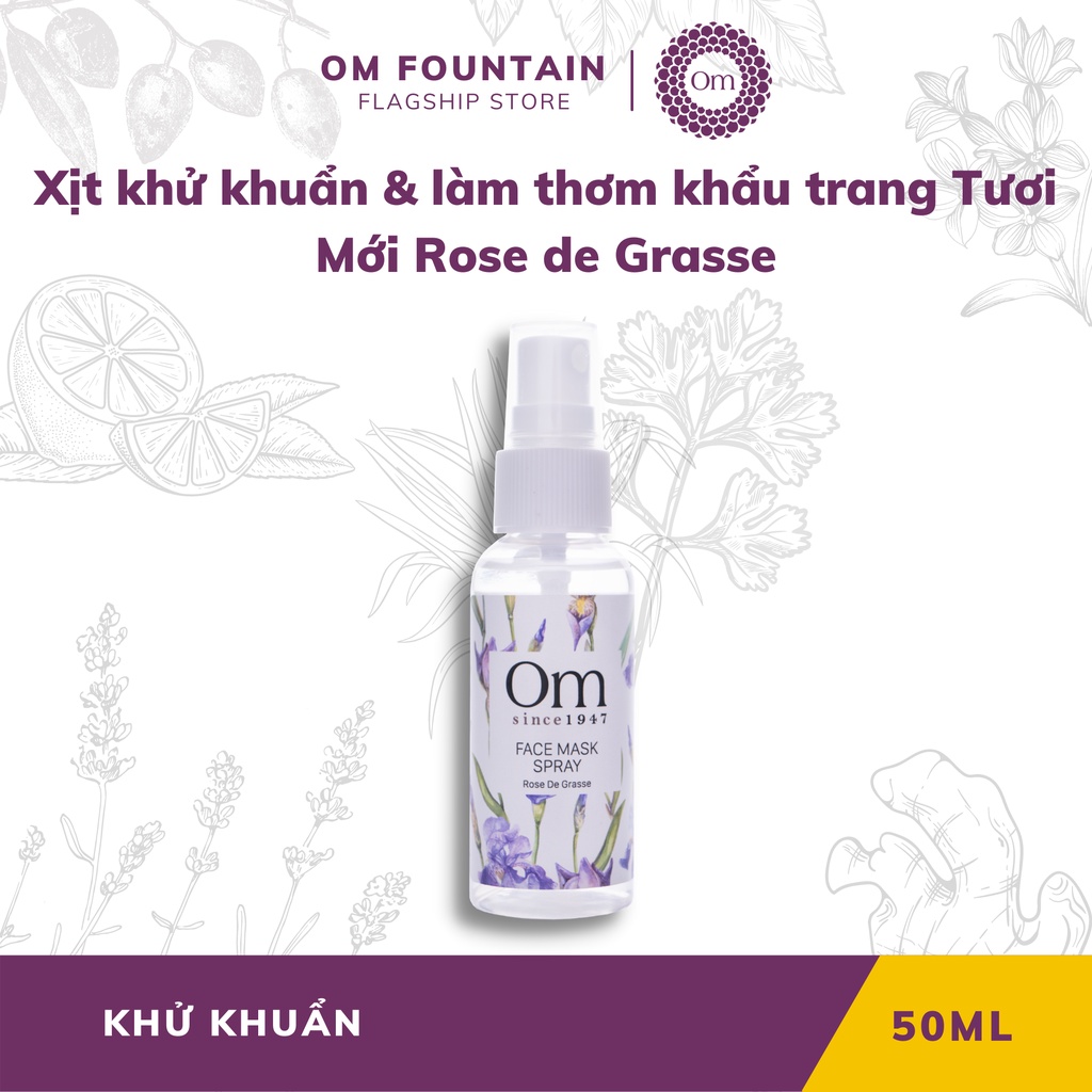 Xịt khử khuẩn &amp; làm thơm khẩu trang Tươi Mới Rose de Grasse 50ml - Om Fountain