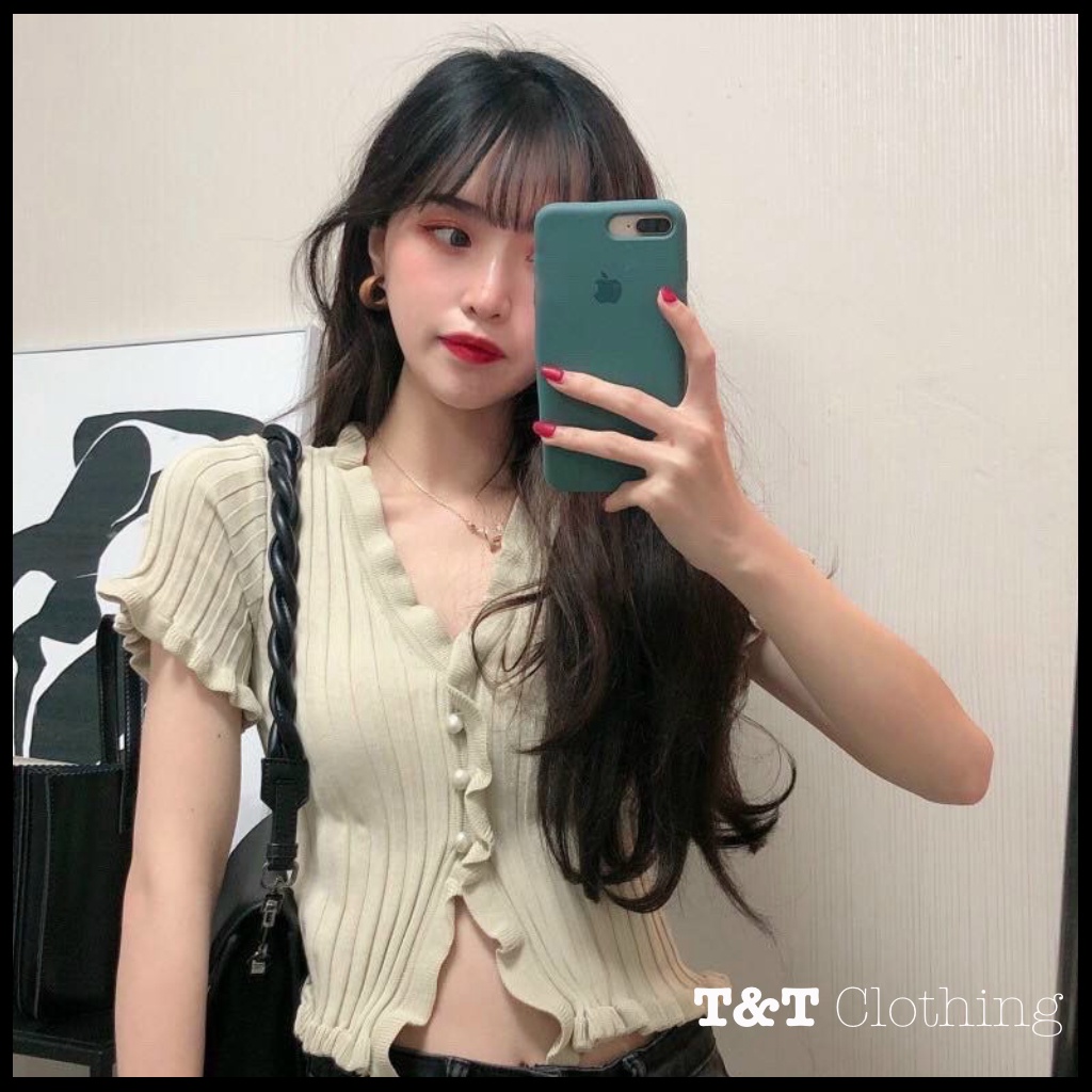 ÁO CROPTOP NỮ GÂN BÈO NÚT BỌC | áo kiểu nữ - áo thun 💃By 23t.shop | BigBuy360 - bigbuy360.vn