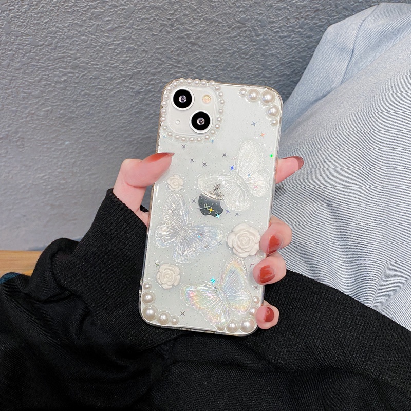 For iphone 14 pro max Ốp điện thoại TPU mềm họa tiết bướm trang trí ngọc trai giả ngọt ngào cho Iphone 13 12 Pro 11pro Max Xr Xs Max 8 7plus