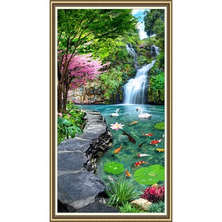 Tranh dán tường 3D VTC Đôi thiên nga khổ dọc LV-0011K Kim sa