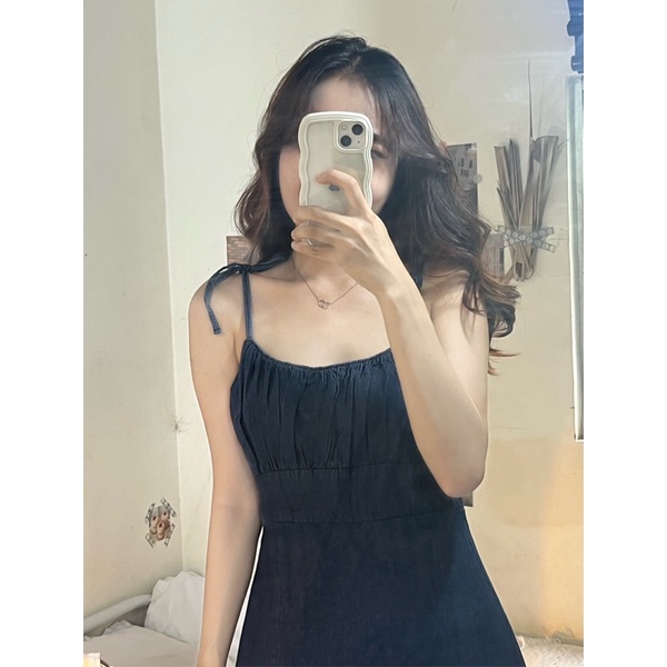 Váy yếm jean, bò dáng chữ A dài phong cách Hàn taobao order