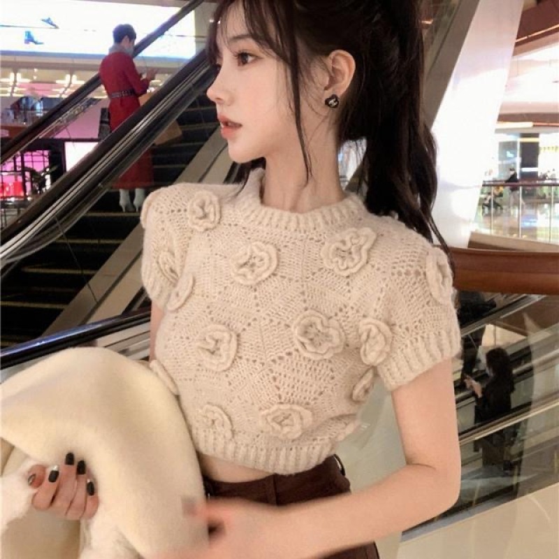 Áo Dệt Kim Nữ Tay Ngắn In Hoa Thời Trang