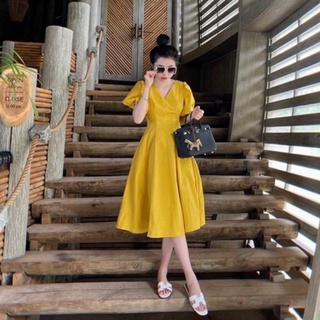 Váy vàng cổ v tay bồng 8 mảnh
