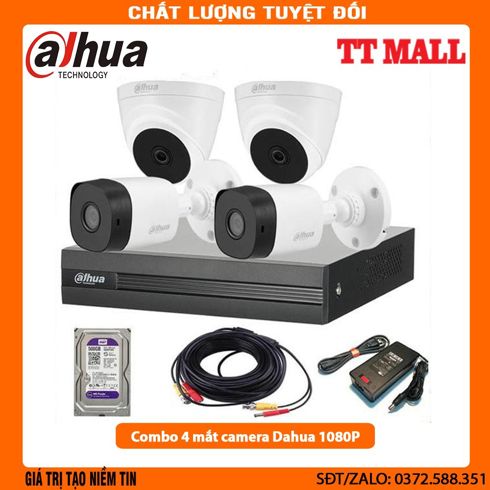 Trọn bộ 4 camera dahua Full HD 1080p- đầu ghi hình 8 kênh  + HDD 2tb tặng mỗi camera 20m dây liền nguồn.!!