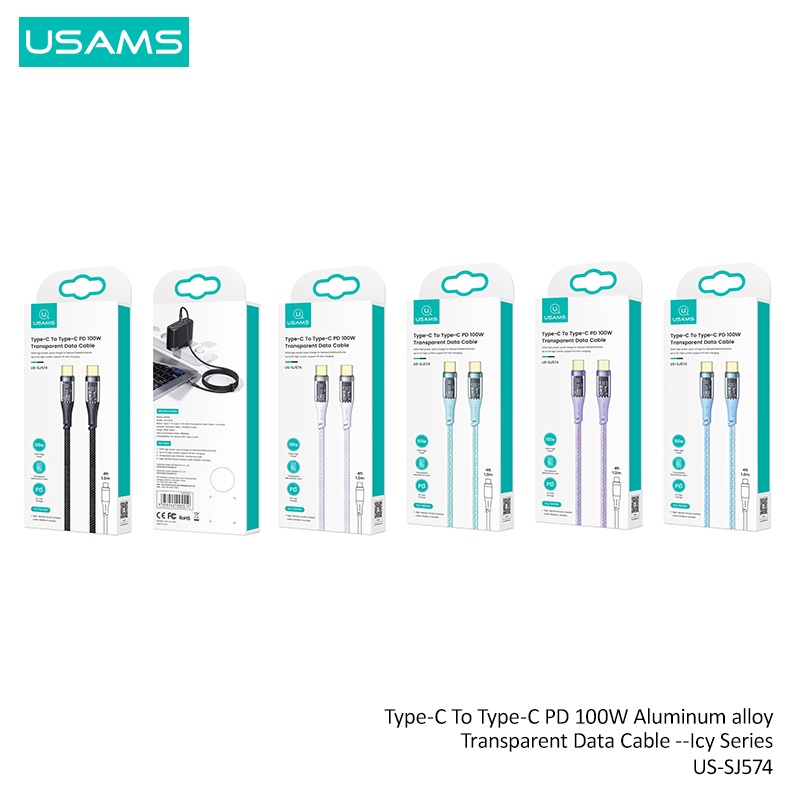 USAMS 100W 1.2M  Dây Cáp Sạc Nhanh USB Type C  Cho Notebook / Điện Thoại / Máy Tính Bảng