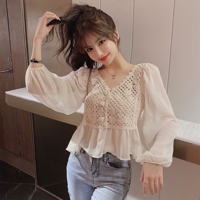 Áo Peplum Dệt Kim Tay Dài Phồng Cổ Chữ V Phối Bèo Thời Trang Cho Nữ