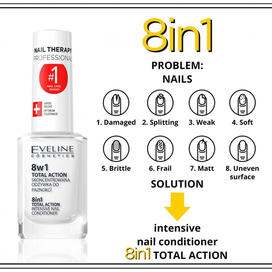 Sơn Dưỡng Móng Tay Eveline 8 In 1 Total Action 12ml Giúp Chắc Khỏe Móng Dễ Gãy Yếu Giòn