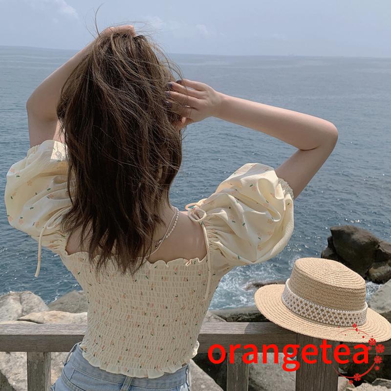 Áo Thun Crop Top Tay Ngắn Phồng Cổ Chữ V In Họa Tiết Hoa Ngọt Ngào Cho Nữ