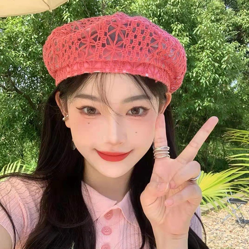 Nón beret phối ren màu trơn thoáng khí thời trang Hàn Quốc cho nữ