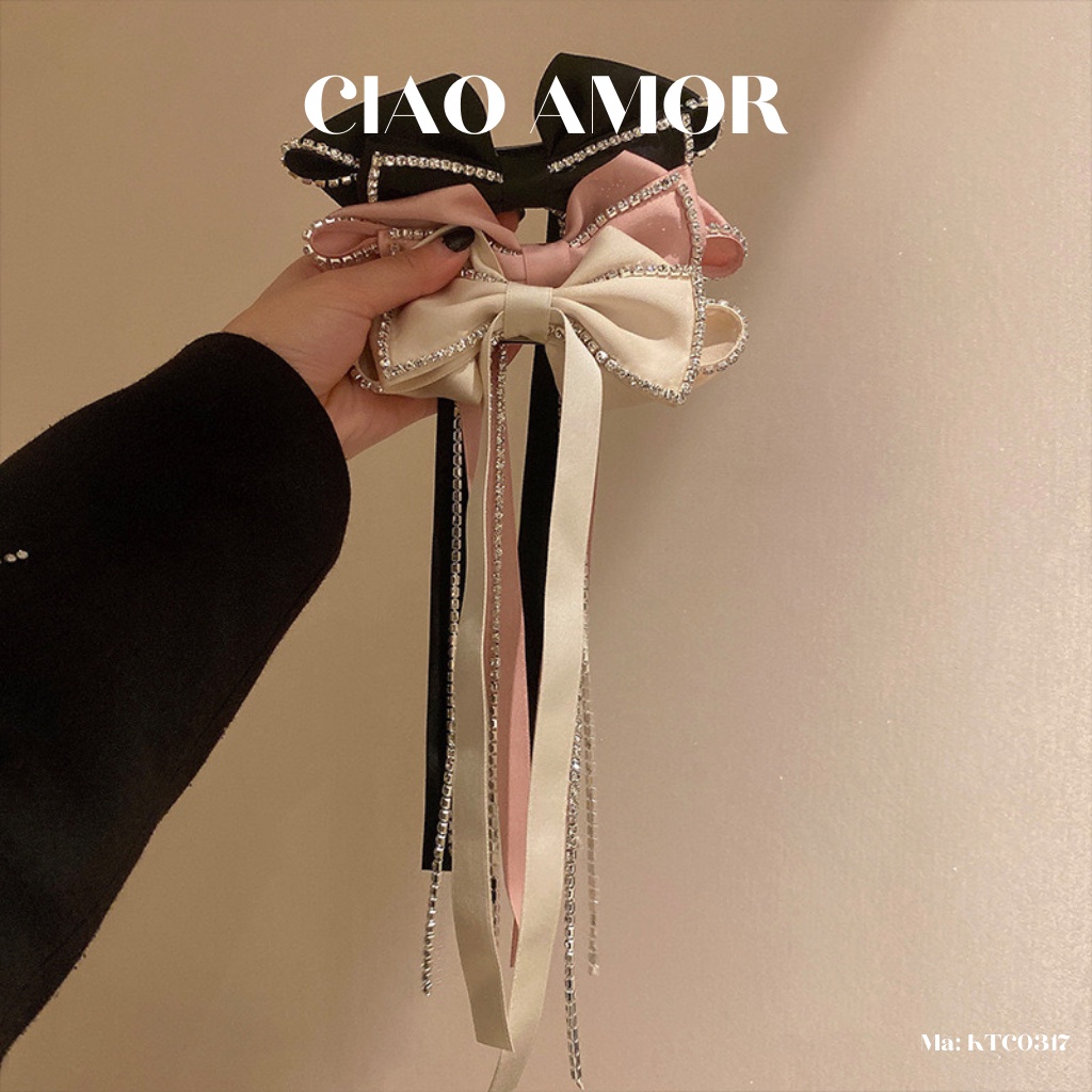 Kẹp tóc nữ, Kẹp nơ lụa nơ đính đá dây dài tiểu thư công chúa Phụ kiện tóc Trang sức Ciao Amor - KTC0317