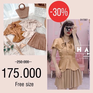 Set áo cột nơ và chân váy xếp ly tiểu thư