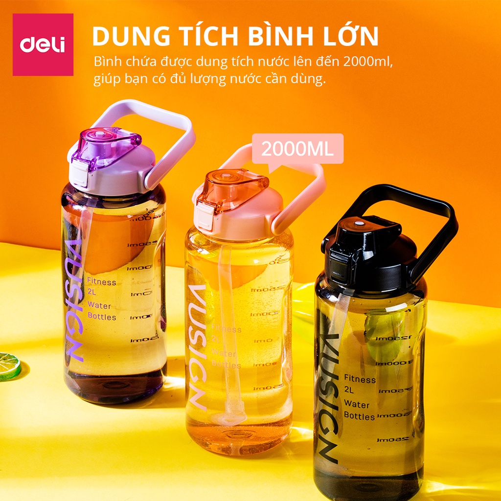 Bình Nước Thể Thao 2 lít Chia Vạch Nhắc Nhở Deli KHÔNG MÙI NHỰA AN TOÀN Sức Khoẻ Có Giấy Kiểm Định Chất Lượng