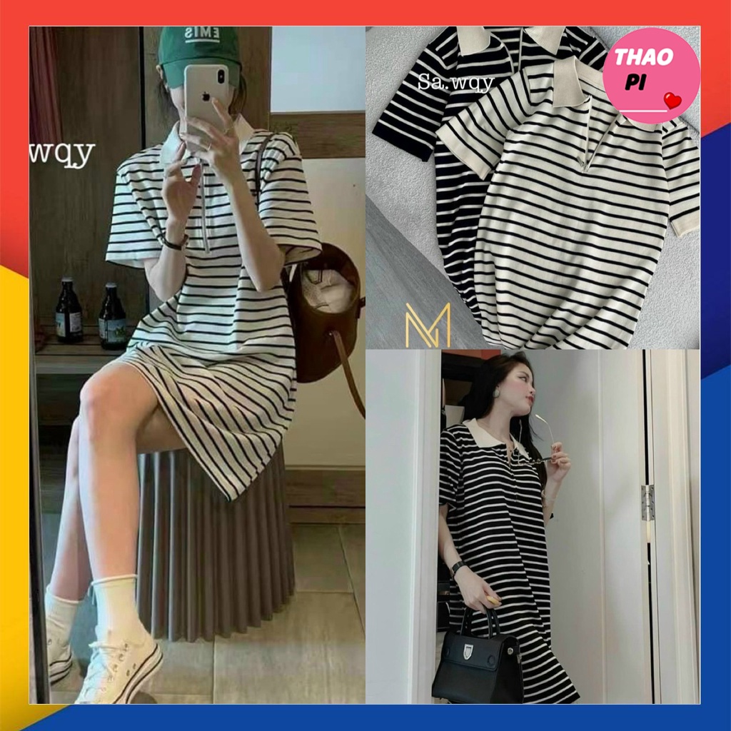 Váy suông sọc cổ viền dây kéo đi chơi du lịch siêu đẹp năng động