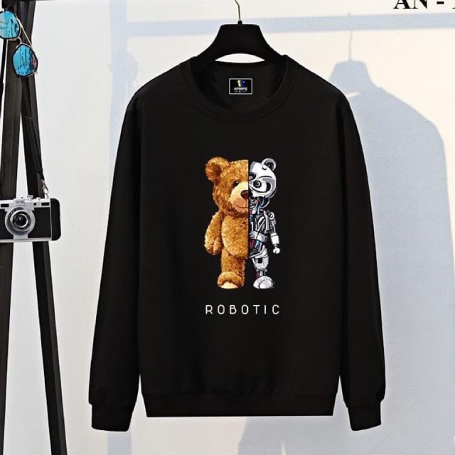 Áo Sweater in pet GẤU ROBOTIC 2 màu trắng đen Chất nỉ cotton SG form UNISEX _ MYMY UNISEX