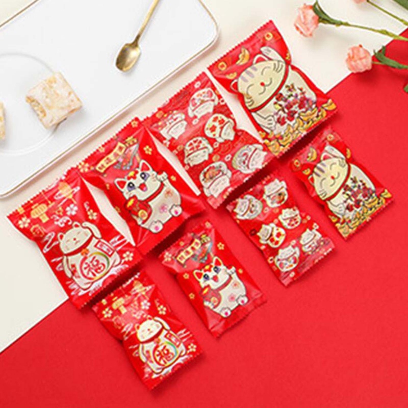 Set 100 túi đựng bánh in hình mèo may mắn và hoa tuyết phong cách Trung Hoa