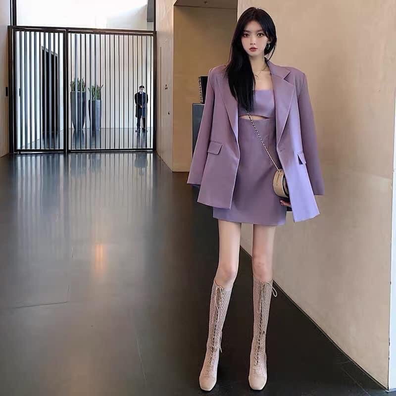 SET ÁO KHOÁC BLAZER MIX VÁY 2 DÂY TÍM