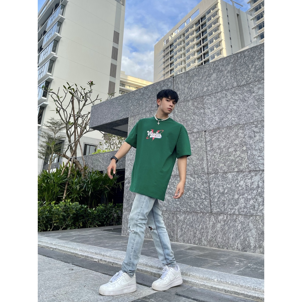Áo thun unisex vải Cotton co giãn 4 chiều trắng xanh "VICOLAS HOUSE" V VICOLAS