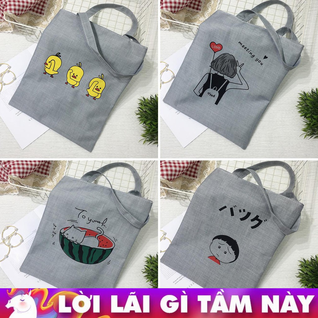 TÚI VẢI TOTE NỀN XÁM VÂN XƯỚC IN HÌNH XINH P1100