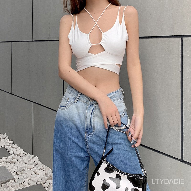 Áo Croptop Hở Lưng Đan Dây Chéo Màu Trơn Quyến Rũ Cho Nữ