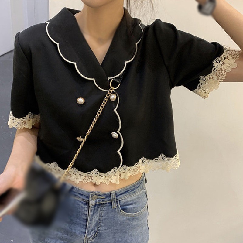 Áo Sơ Mi Cổ Bẻ Phối Ren Xinh Xắn Cho Nữ