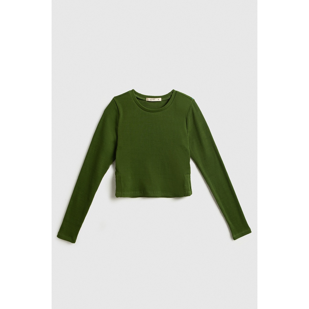 Áo croptop Maybi ôm thun gân cổ tròn tay dài