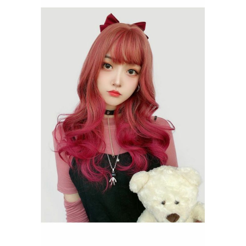 [Sẵn] Wig teen/lolita/cosplay M53 đỏ pha hồng cam (tóc giả nguyên đầu xoăn đuôi cá tính) tại Miu Cosplay