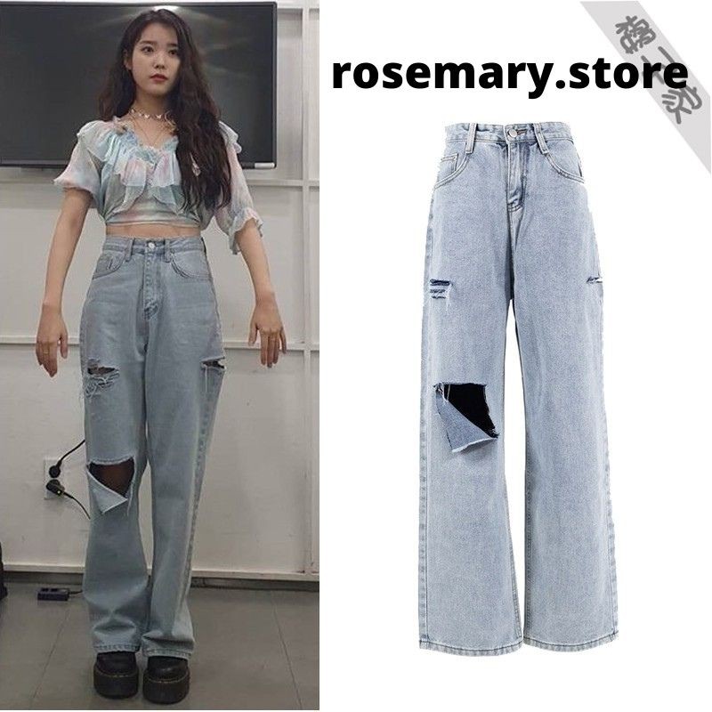 Quần Jeans rách cạp cao xanh nhạt IU