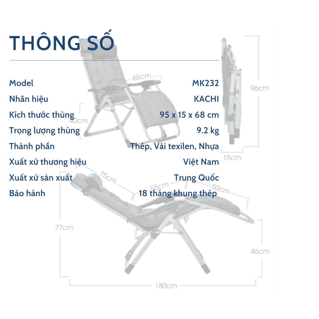 Ghế Xếp Thư Giãn Có Nệm Kachi MK232 (Hoàn Tiền Mua Sắm 10%) - Liên Hệ Shop Trước Khi Đặt Hàng