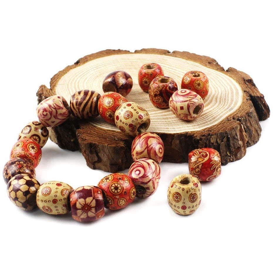 Set 100 Hạt Gỗ 9mm * 10mm Nhiều Họa Tiết Tự Làm Trang Sức