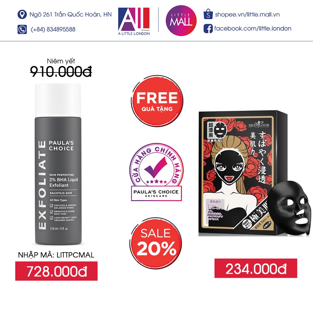 Tinh chất tẩy tế bào chết Paula's Choice skin perfecting 2% BHA liquid exfoliant TẶNG mặt nạ Sexylook (Nhập khẩu) | BigBuy360 - bigbuy360.vn