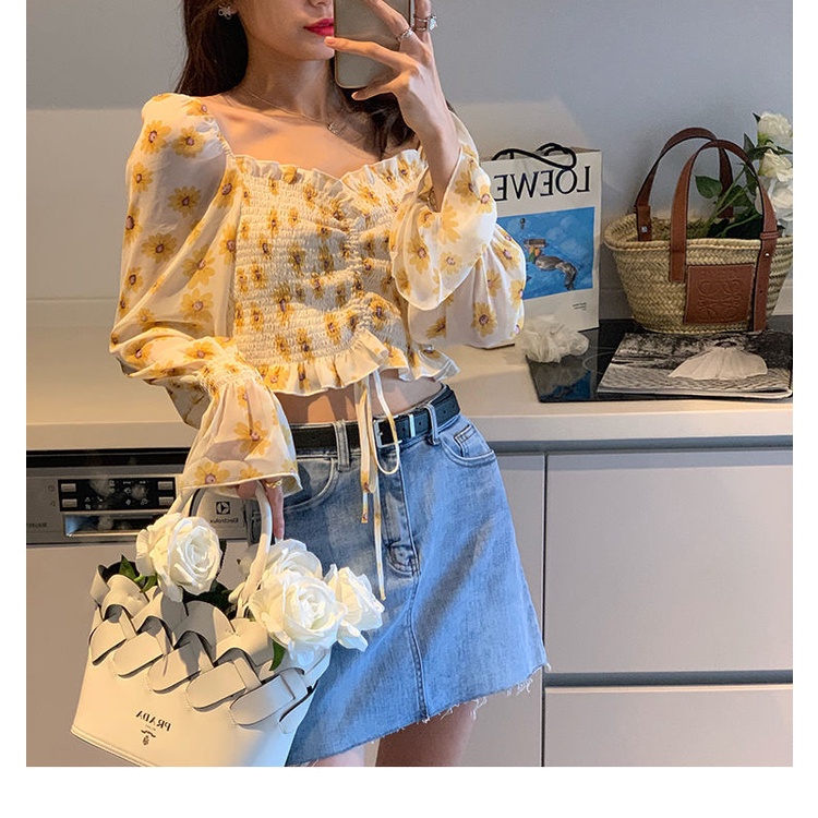 Áo Kiểu Chiffon Tay Phồng Cổ Vuông Họa Tiết Hoa Phong Cách Pháp