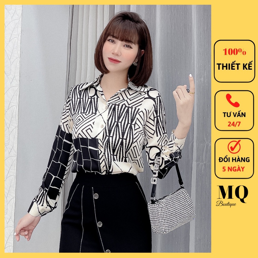 Áo sơ mi nữ lụa tay dài cao cấp công sở áo sơ mi họa tiết chữ nhỏ ô đen nâu, áo somi thiết kế MQ Boutique