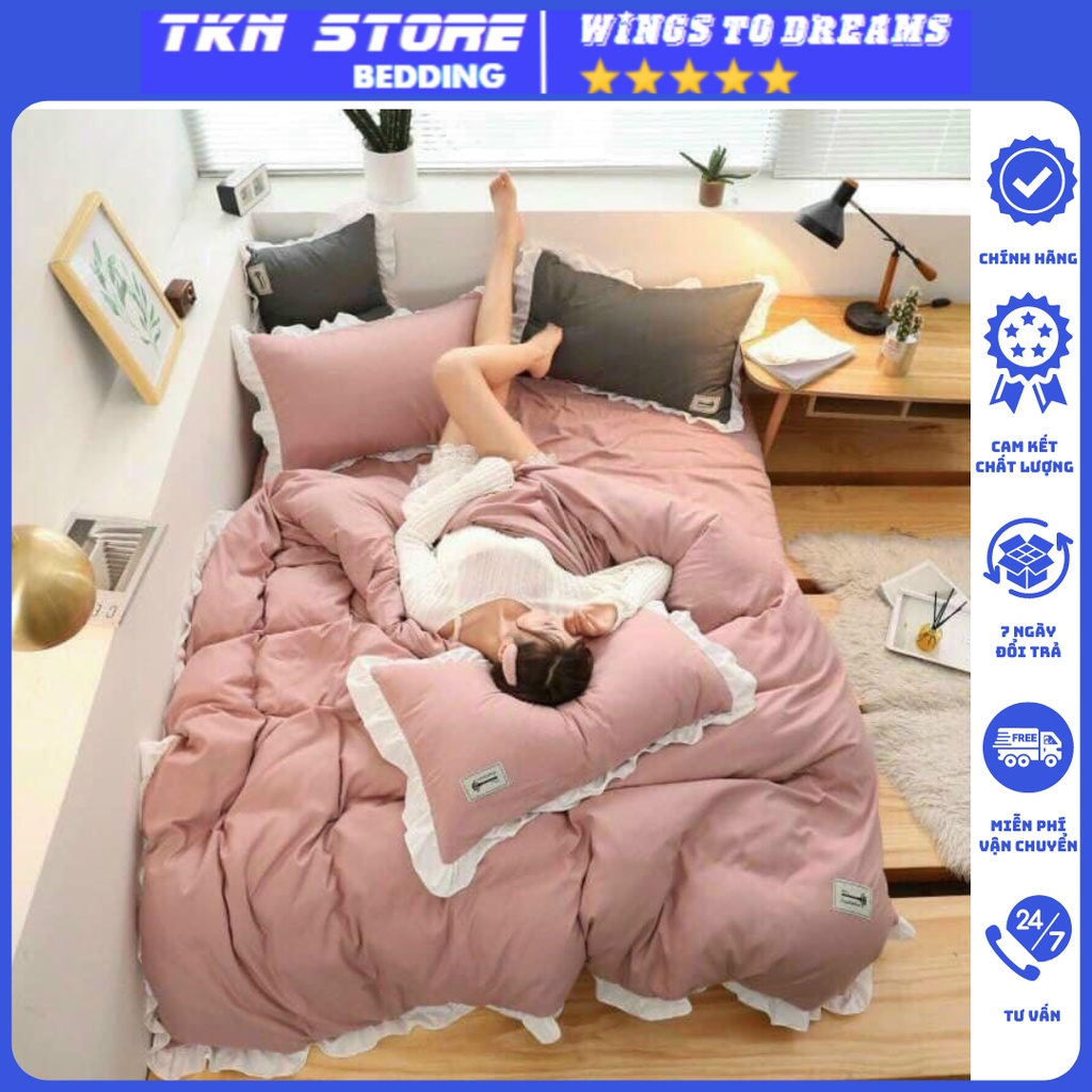 Bộ chăn ga gối cotton tici phối viền bèo xinh xắn, chất cotton thoáng mát không phai màu, không xù, miễn phí bo chun