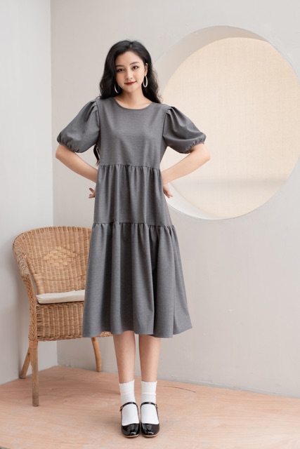 Đầm tầng dáng babydoll nơ sau, chất vải chéo dày dặn chị em bầu bí mặc thoái mái | BigBuy360 - bigbuy360.vn