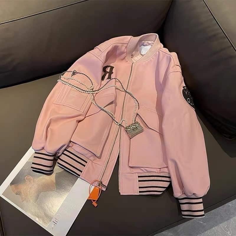 Áo bomber da hồng dáng oversize thiết kế bo chun tay và gấu áo hàng quảng châu