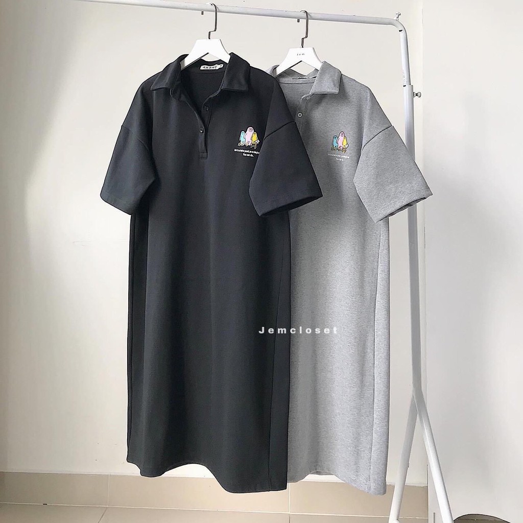 Váy POLO Nữ Cộc Tay In LoGo , Đầm Polo Cộc Tay Cổ Bẻ Dáng Suông Ullzang,Hai Màu Đen Xám Freeship Sale