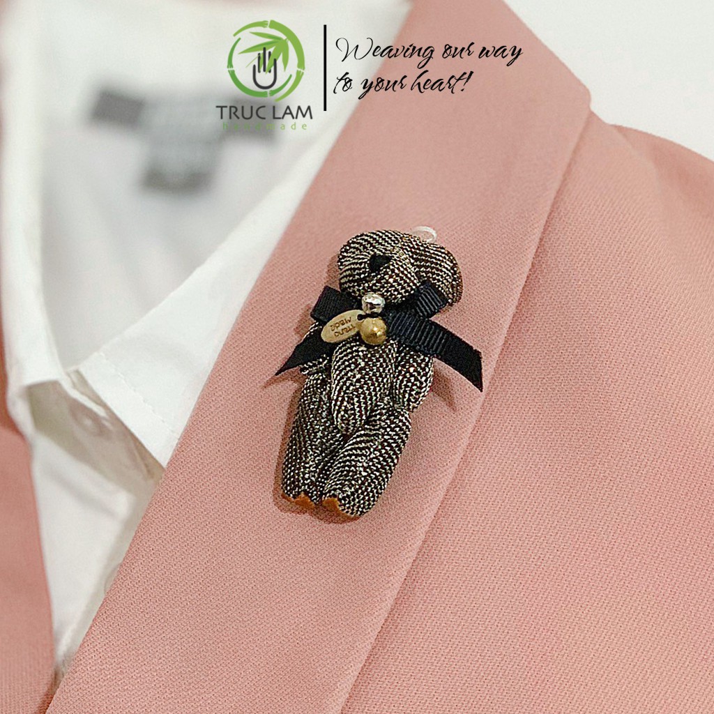 Phụ Kiện Ghim Cài Áo Hình Gấu Teddy Cổ Đeo Nơ Trúc Lâm Handmade