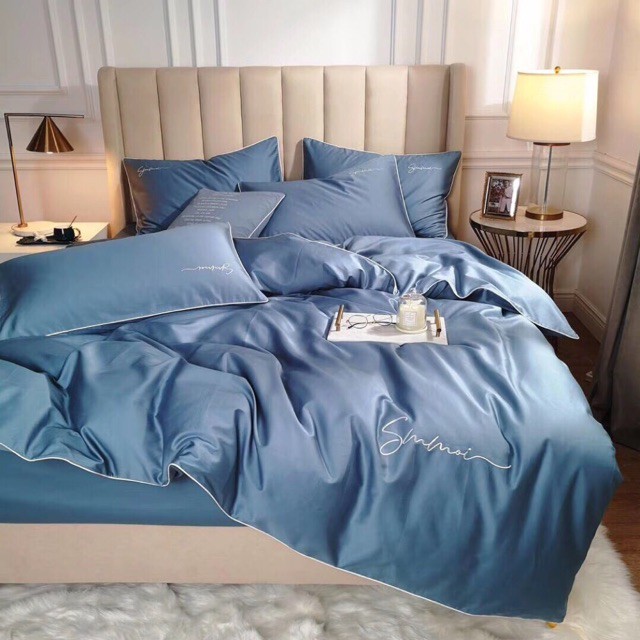 Bộ Chăn Ga Gối Lụa LIDACO cotton lụa trơn sợi vải 60s - Xanh dương nhạt
