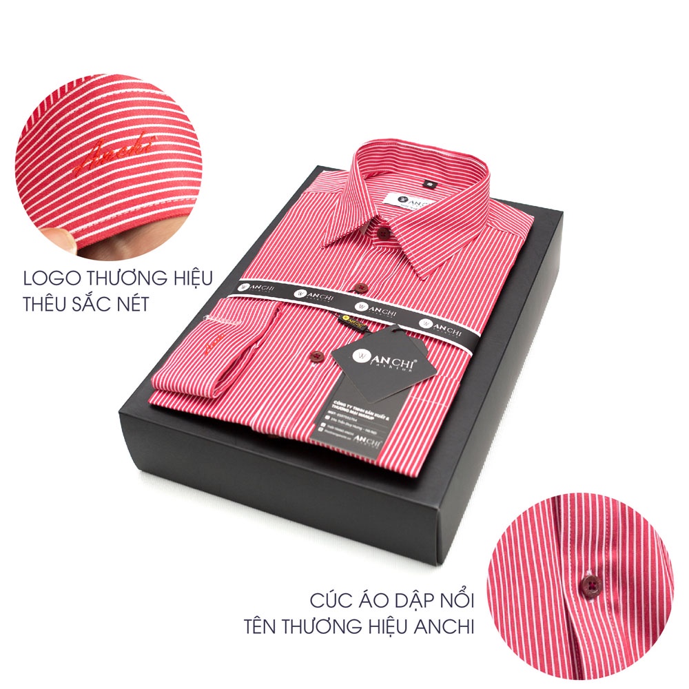 Áo Sơ Mi Nam Dài Tay Trung Niên ANCHI Hoạ Tiết Kẻ Đỏ Vải Sợi Tre Cao Cấp