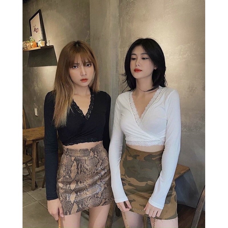 Áo Croptop Viền Ren Tay Dài Siêu Sexy ( Kèm hình thật )