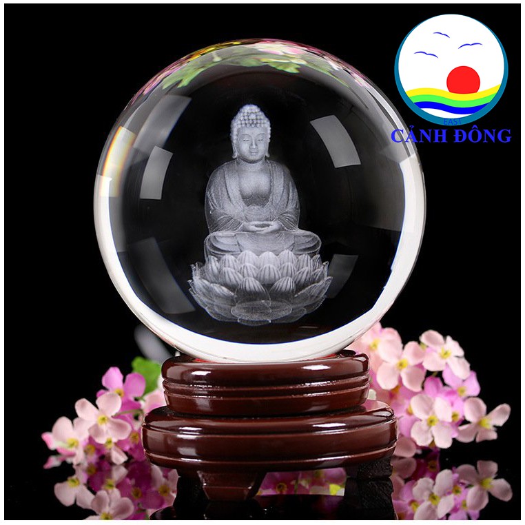 Quả cầu pha lê Phật A Di Đà 3D tặng kèm đế pha lê trang nhã
