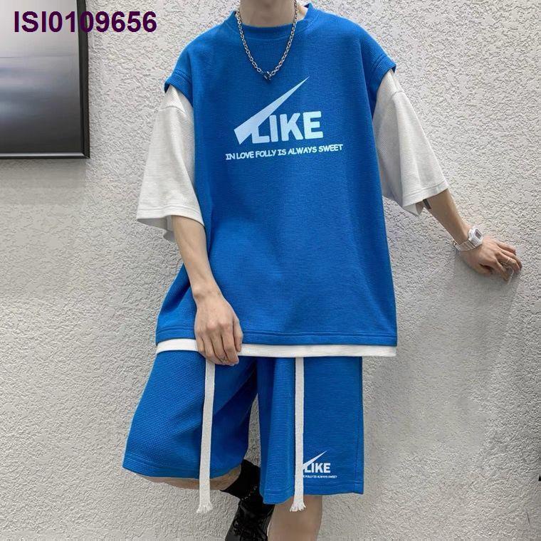 Hàng Có Sẵn Set Đồ Thể Thao Áo Thun Tay Ngắn Giả Hai Lớp + Quần Short Chơi Bóng Rổ Màu Xanh Dương Cho Nam Và Nữ