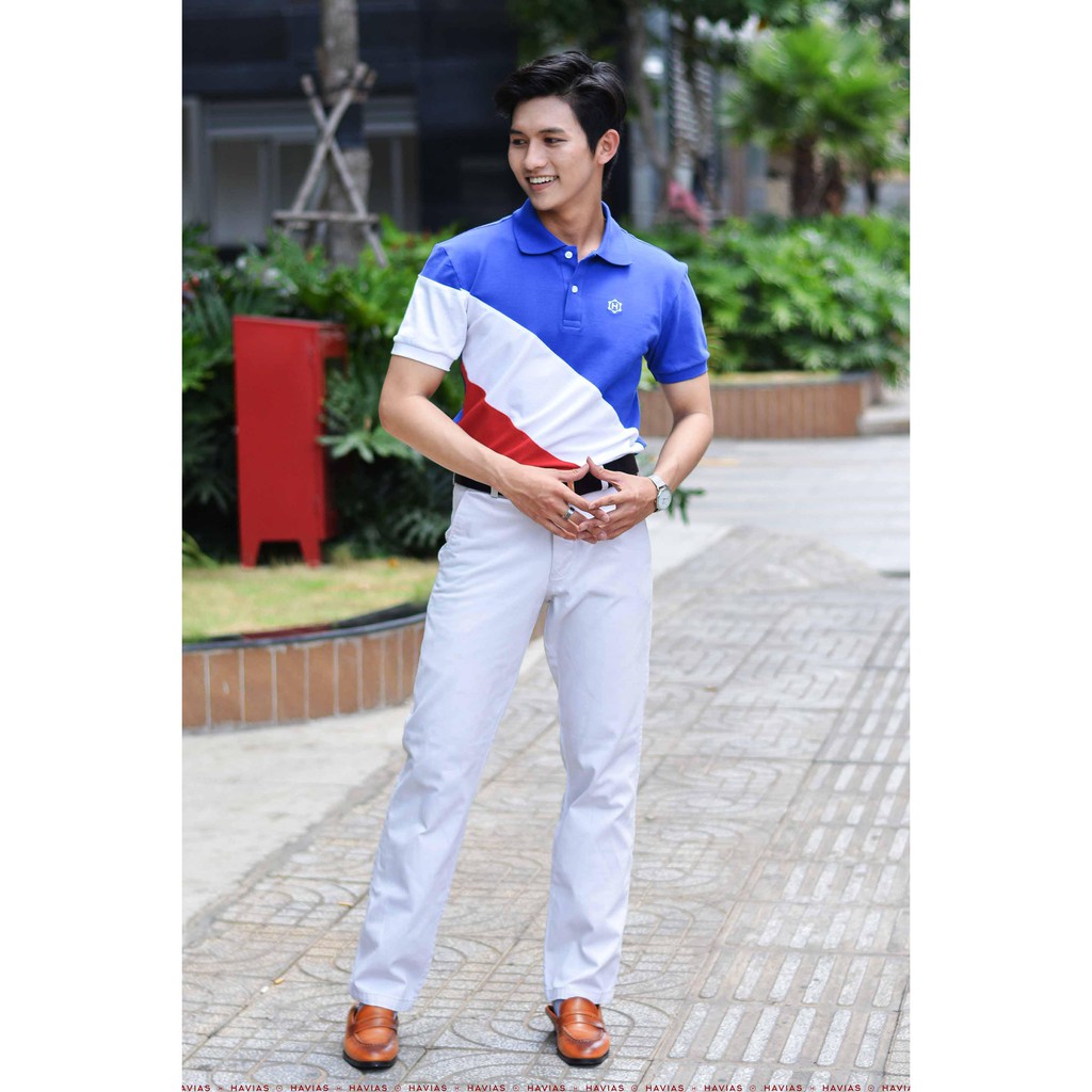 Áo thun Polo Havias Xanh Navy phối Trắng vải Cotton 100% dày dặn