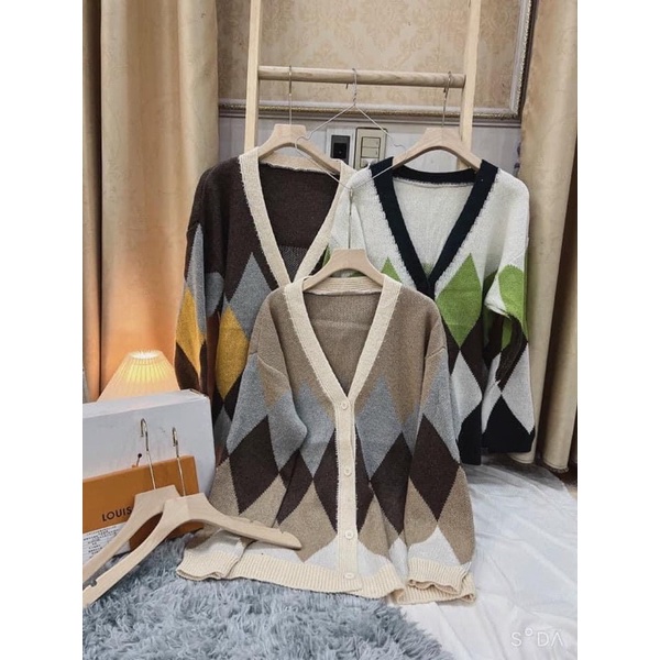 Áo len cardigan hoạ tiết trám viền cổ mix màu phong cách Ullzang