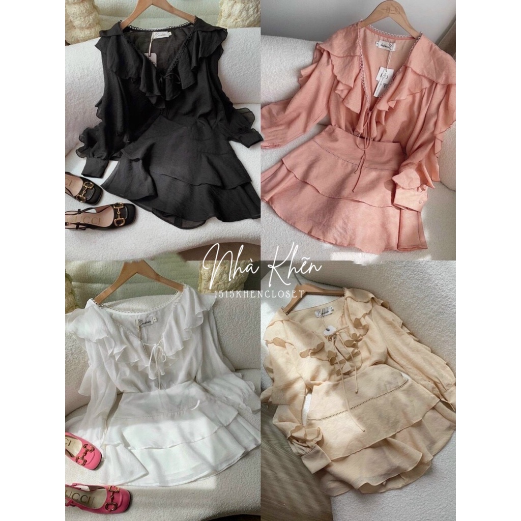Set áo bèo rớt vai chân váy tầng