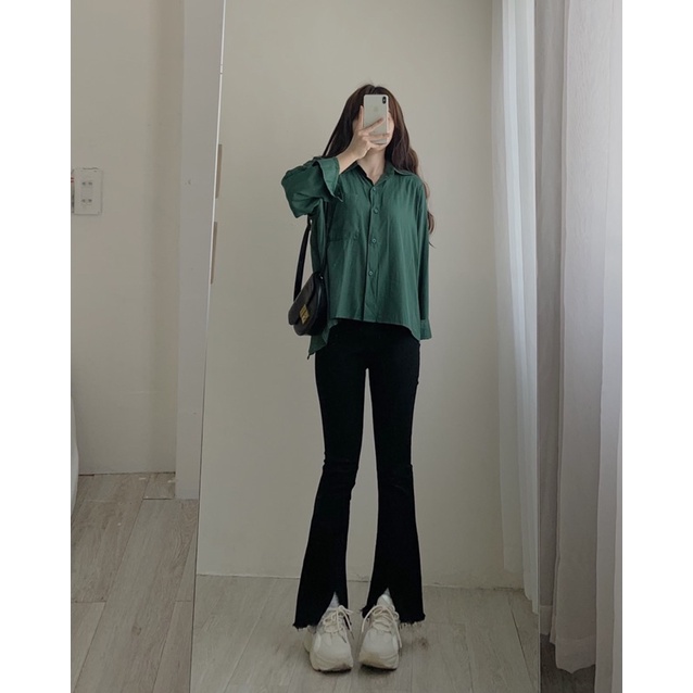 Áo sơ mi nữ kiểu xẻ lưng, Áo sơ mi tay dài chất cotton mịn form rộng phong cách tiểu thư xinh xắn ulzzang